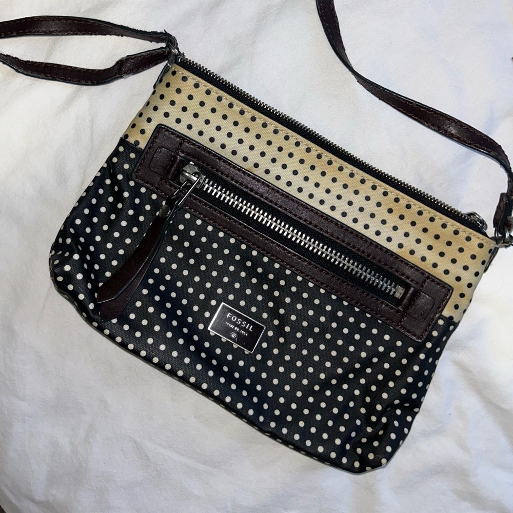 Fossil Black and Tan Clutch with Polka Dot Design